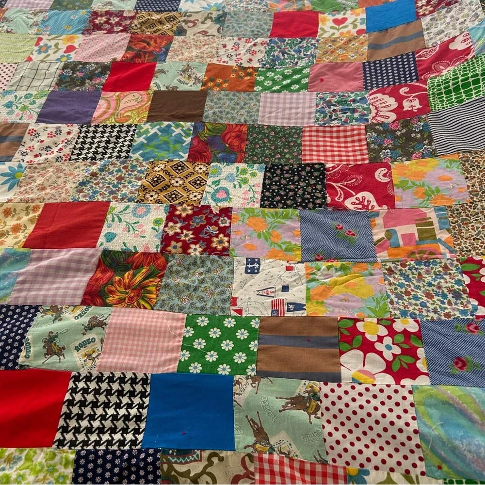 Vintage Handmade “Postage Stamp” Patchwork Quilt Multicolor Bedcover#0831256